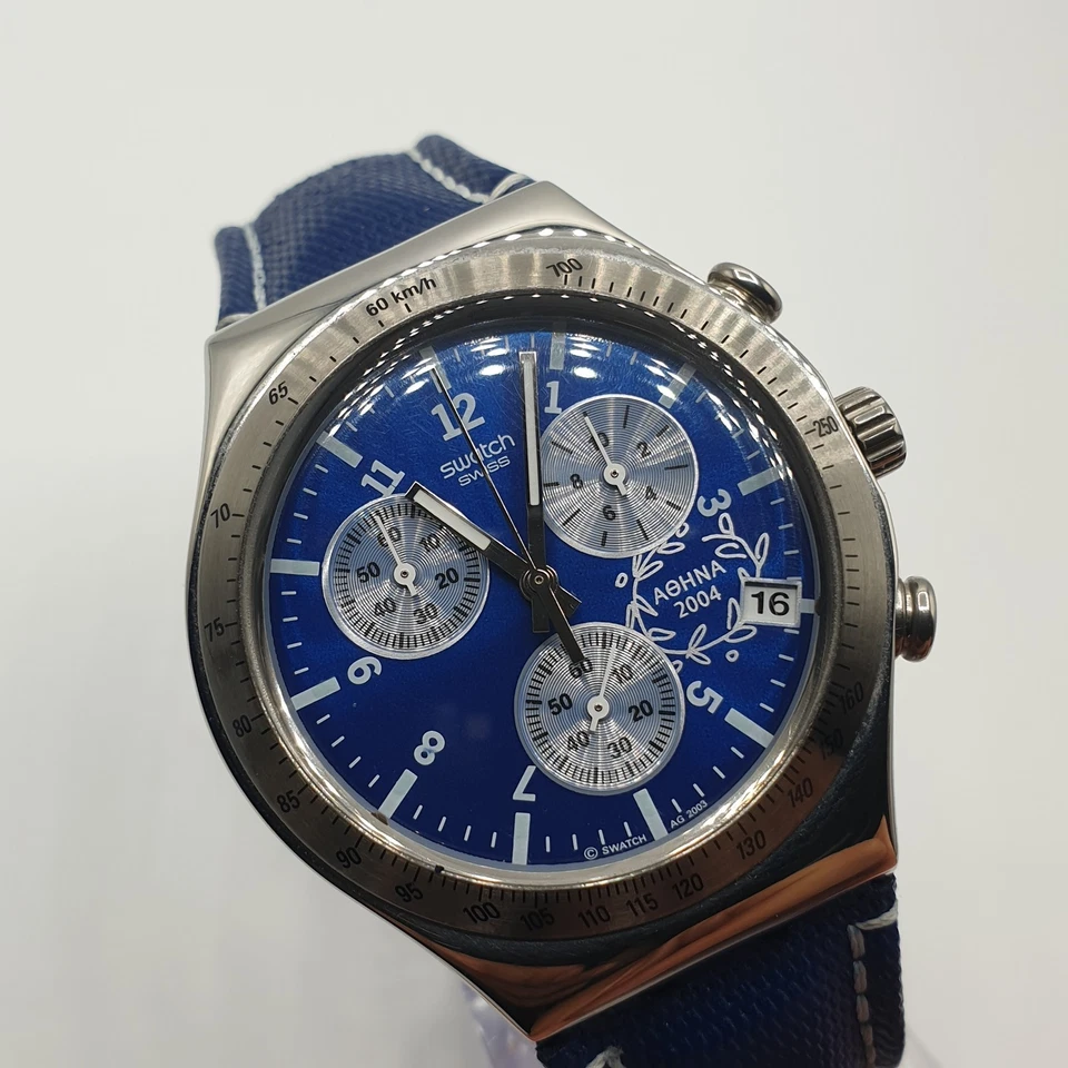 Montre SWATCH Irony Chrono Édition Athènes 2004 Cadran Bleu Acier Boîte Origine - Photo 2/4