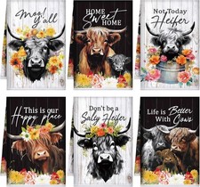 6 Pcs Highland Cow Flowers Kitchen Decor Towels and Dishcloths Sets Farmhouse...