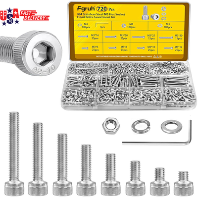 #ad 720Pcs M3 Screws Assortment Kit Hex Socket Head Cap Bolts Nuts amp; Washers Assor $14.93