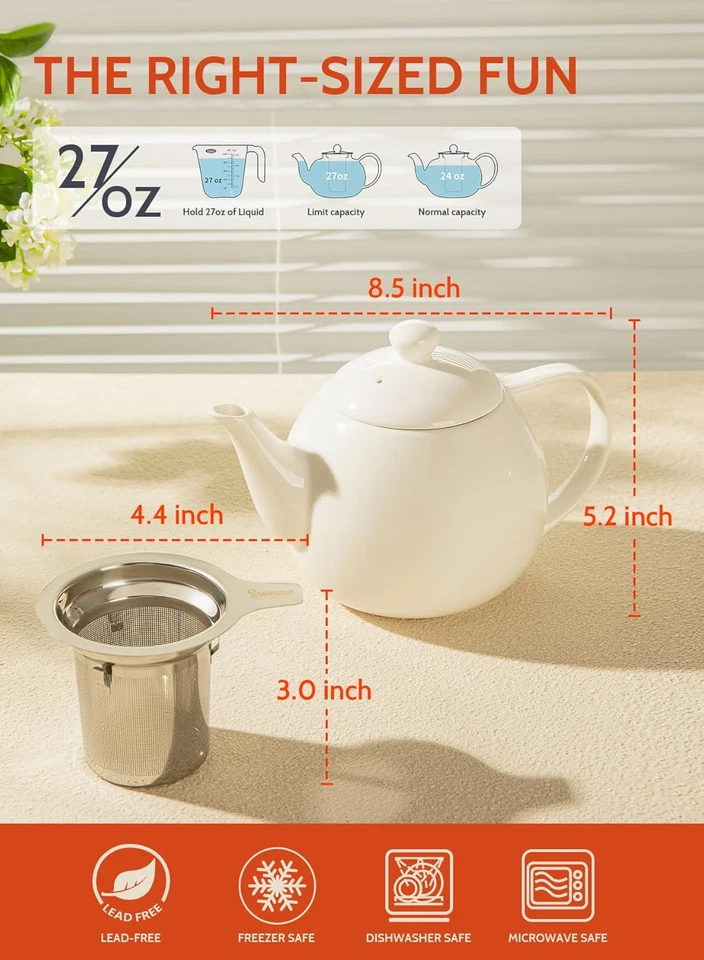 Teteras para té, tetera de porcelana de 27 oz con infusor extraíble de acero inoxidable, Foto 3 de 4