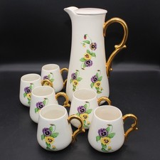 1953 Cute Pansy Floral Tea Set Coffee Chocolate Pot Carafe w/6 Cups Mugs Ceramic