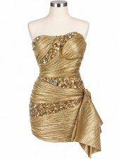 Mac Duggal Vintage Gold Metallic Strapless Prom Party Mini Dress Rhinestone Sz 8