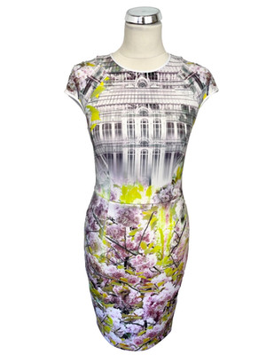 TED BAKER WEISS, ROSA & LIMETTENGRÜN BLUMENDRUCK BLEISTIFTKLEID GRÖSSE 1 UK 8/10