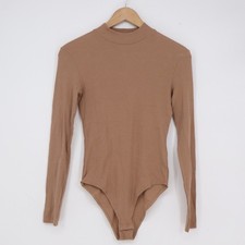 HM Womens Mock Neck Ribbed Long Sleeve Bodysuit Tan Camel Brown Small