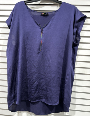 Express Women s XL Navy Blue Cap Sleeve Blouse Rainbow Zip V-Neck High Low Hem