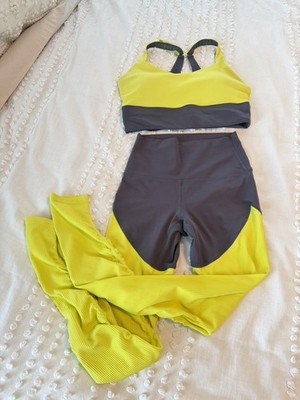 ZYIA Active 2pc Ribbed Stretch Set Sports Bra Leggings Yellow/Gray Size S