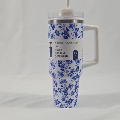 A little obsessed, Blue Floral 40 oz Insulated Tumbler Handle Lid Straw