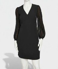 Tommy Hilfiger Women's Black Embellished Chiffon Sleeve Shift Dress Petite Sz 6P