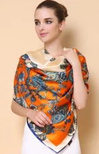 100% Silk 41" large Square Scarf Women Shawl Wrap floral orange blue beige HD91