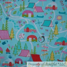 BonEful FABRIC FQ Cotton Quilt VTG Aqua Blue Rainbow Camp Scenic Tent RV Trailer