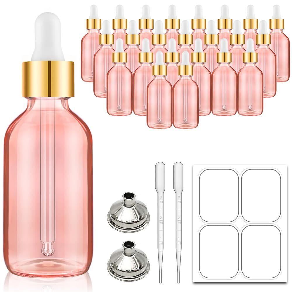 2 oz Dropper Bottle 24 Pack Pink Glass Eye Dropper Bottles with Golden Top Ca...