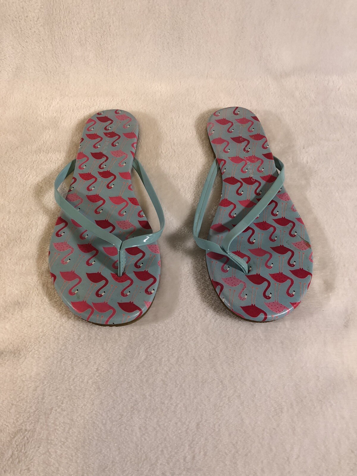 Lauren Conrad Womens Flip Flops Size 7M Flamingo Blue Beach Summer Cottagecore