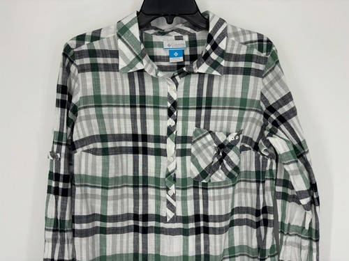 Columbia Half Button Pullover Green Blue White Plaid Shirt Women's Size XL - Picture 4 of 8