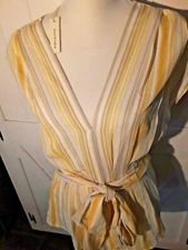 NWT Colorful MAX STUDIO Yellow & White Wrap Top Blouse Size L Tag Says $98.00