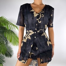 Vintage 90s Grunge Black Floral Bohemian Fairycore Short Sleeve Dress / 10