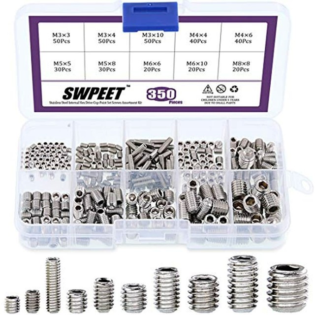 350 Pcs Stainless Steel Allen Head Socket Hex Grub Screw Assortment Kit