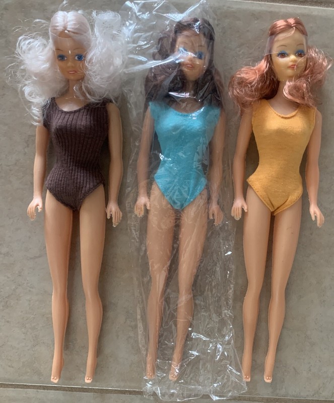 3 Plastic Craft Dolls Red,Blonde,Brown Hair Girl in Bathing Suit 11" Tall Vintag