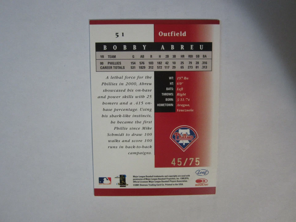 2001 Leaf Certified Mirror Red # 51 Bobby Abreu Card # 45 of # 75 (B48) Phillies - Image 2 of 2
