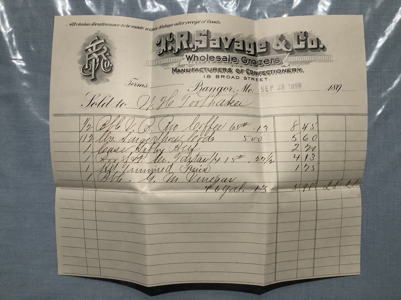 1899 T.R. SAVAGE & Co.,BANGOR,ME- GROCERS- GRAPHIC LETTERHEAD on INVOICE