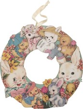 Primitives by Kathy Retro Happy Easter Wreath Wood Vintage Look Home Decor Bunny
