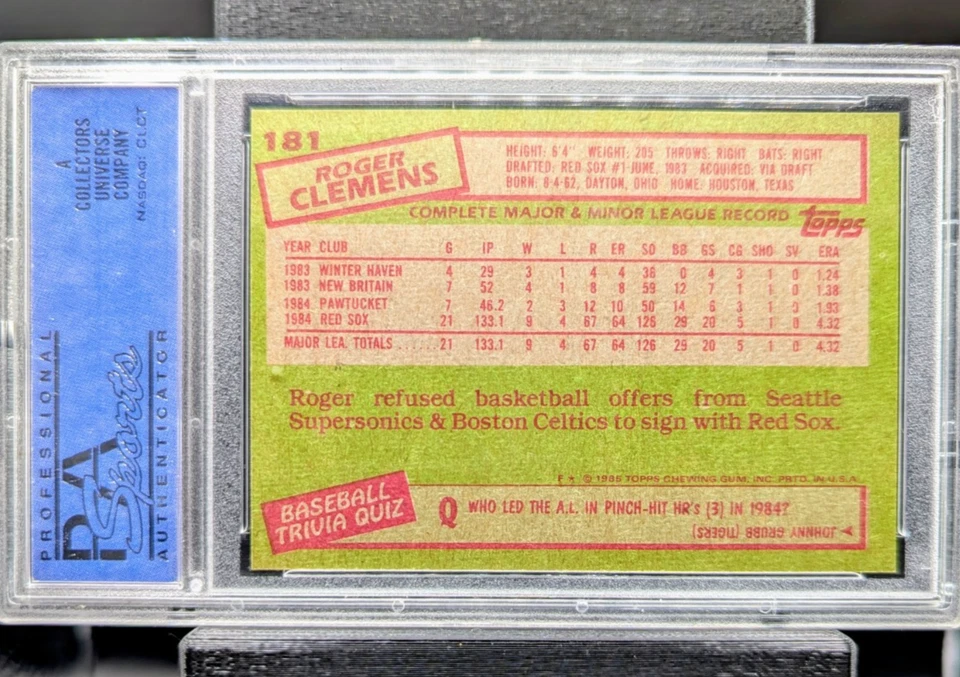 Roger Clemens 1985 Topps #181 PSA 9 en perfecto estado Foto 2 de 2