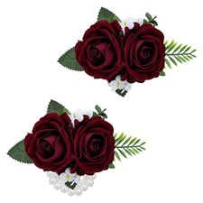 2 PCS Burgundy Rose Wrist Corsage Wristlet Band Men Boutonniere Set Wedding