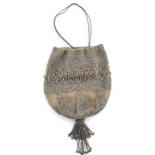 Antique Draped Purse Steel Cut Micro Beaded Silver Beige Silver Chain Flapper