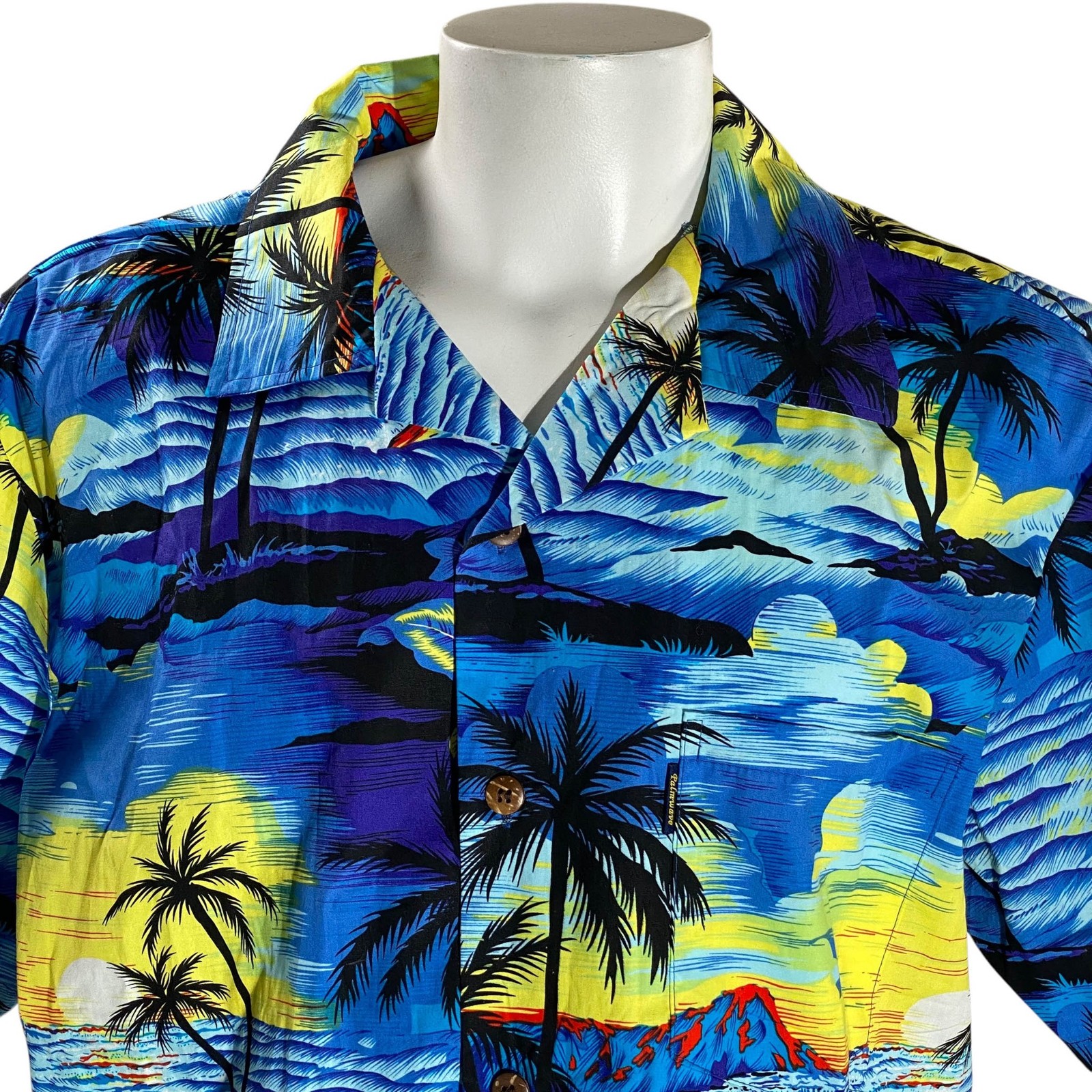 Camisa Hawaiana Palmwave XL Atardecer Palmas Olas Surfista Azul Amarillo NWT