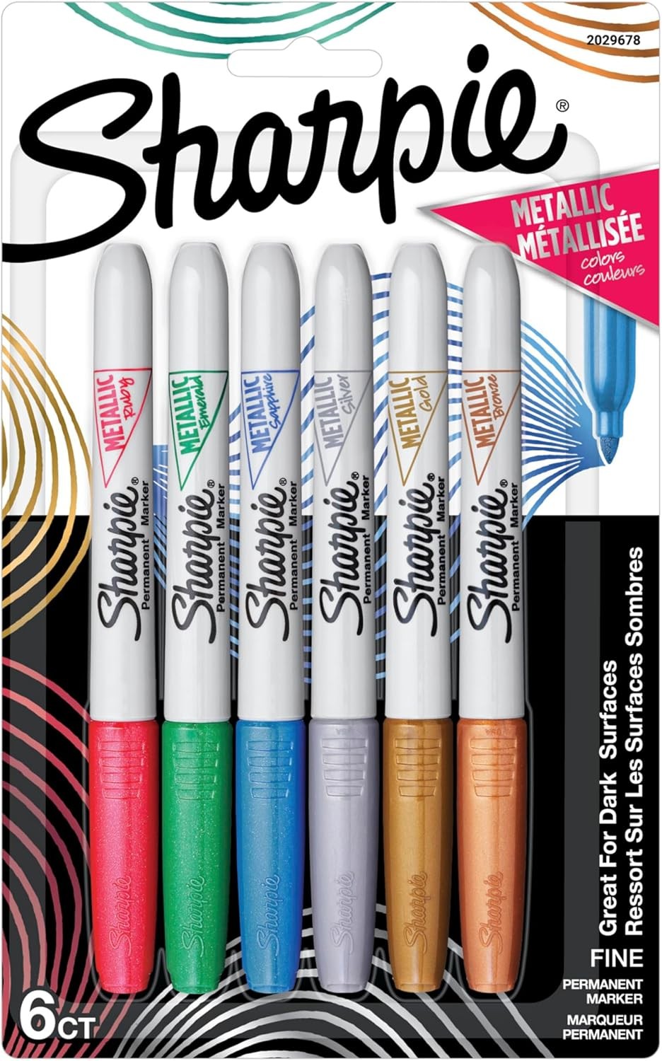 Sharpie Metallic Permanent Markers, Fine Point, Assorted Colors, 6 Count