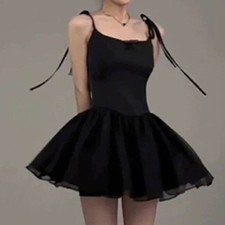 Women Balletcore Spaghetti Strap Party Going Out Mini Dress in Black Size Medium