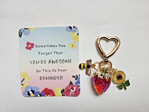 Strawberry Bee Sunflower Bag Charm Heart Clasp Key Fob Keychain Jelly Fruit CARD