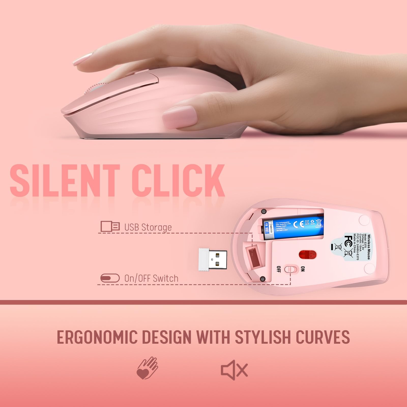 Pink Wireless Keyboard Mouse, 2.4G, Silent, Ergonomic Wrist Rest, Phone Holder