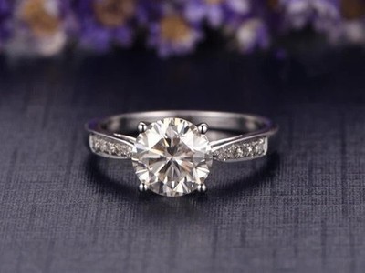 1.75 Ct Round Cut Real Moissanite Engagement Ring 14K Solid White Gold ALL Size