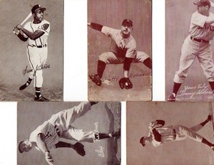5 MLB Baseball  Arcade Cards 1950s Snuffy Stirnweiss, Sam Jethro,Walter Evers ++