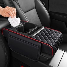 5 in 1 Nappa Leather Console Armrest Cover, Black Red Stitch Built-in cup