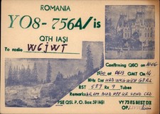 QSL radio card YO8-7564/IS 1970 Iasi Romania USSR Liviu Castle Trees Bridge