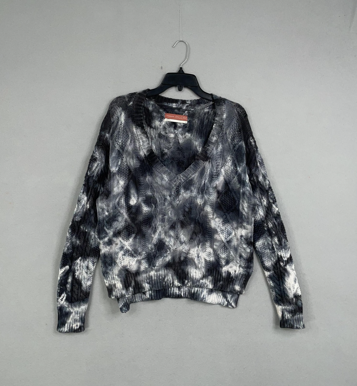 Anthropologie Pilcro Sweater Womens XS Gray Black Tie Dye Cable Knit V Neck
