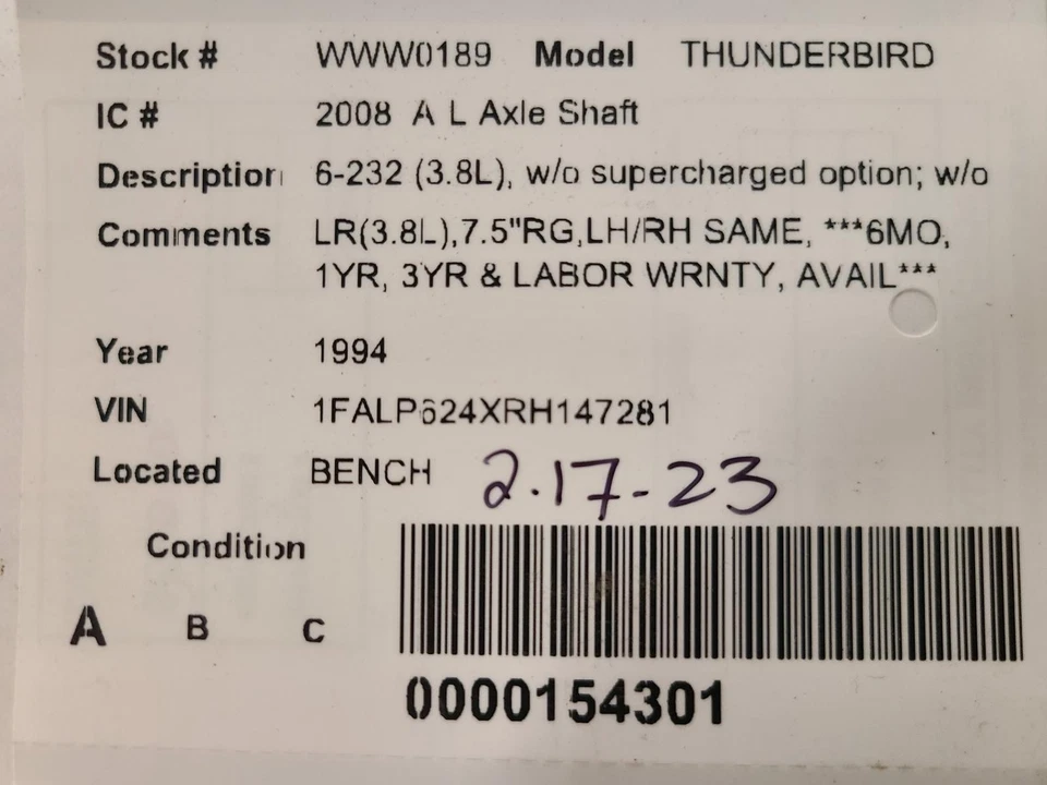 Eje de transmisión usado se adapta a: Ford Thunderbird 1994 6-232 3,8 L 7,5 ` anillo engranaje sin Foto 4 de 4
