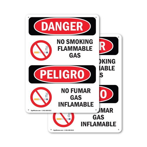 (2 Pack) No Smoking Flammable Gas Bilingual OSHA Danger Sign Decal Metal Plastic - Bild 1 von 22
