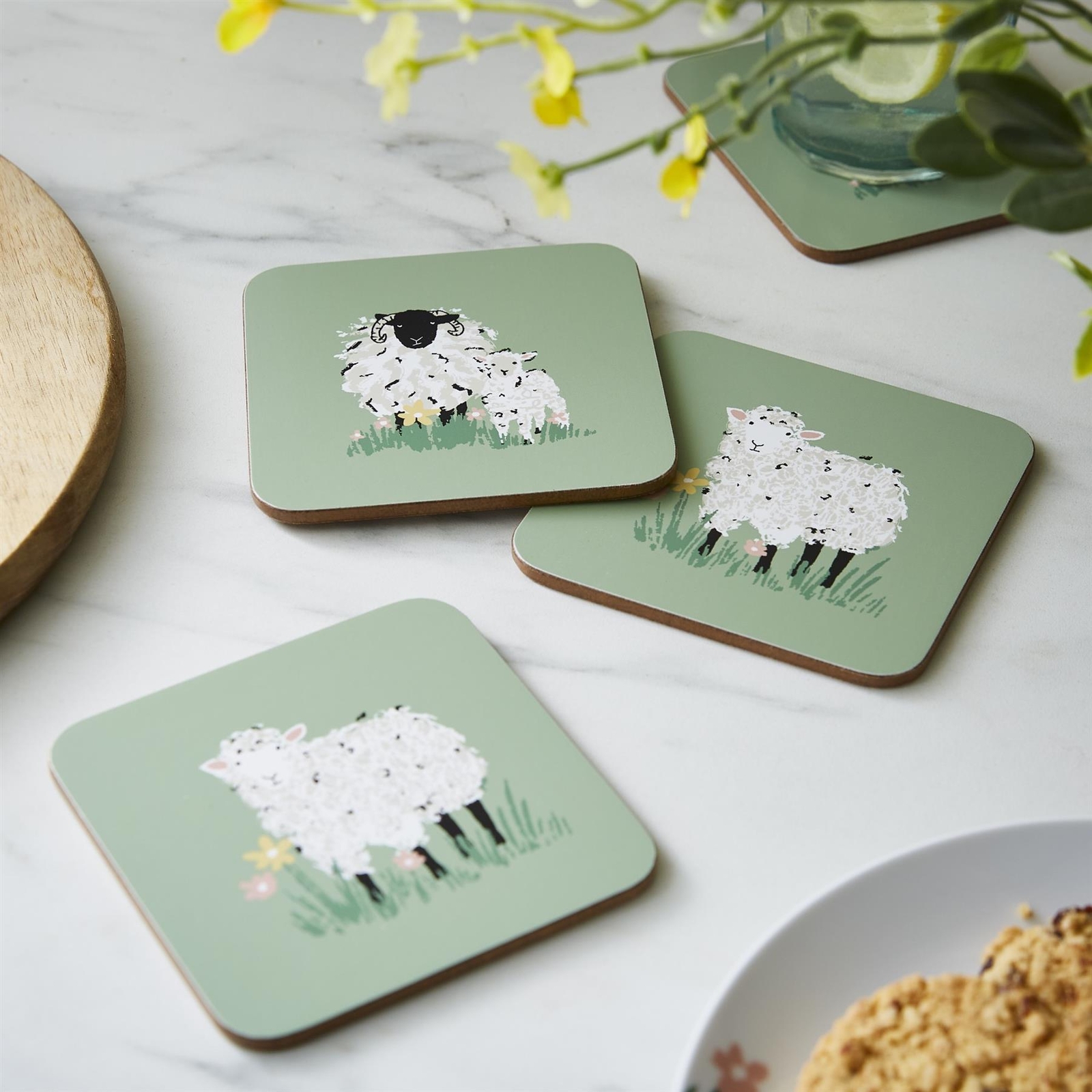 Woolly Sheep Cork Agate Ceramic Jute Leather Crystal Square Round 4 Piece Coaster Set - Image 2