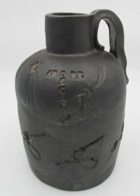 #ad Unusual Black Matte Finish Decorated Jug Signed Studio Pottery $29.99