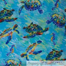 BonEful FABRIC FQ Cotton Quilt Aqua Blue Water Ocean Beach Green Turtle Rainbow