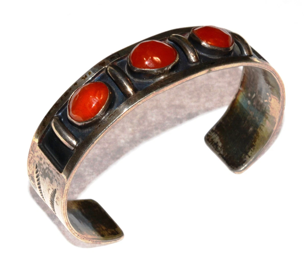 Native American Navajo 925 Sterling Silver 16mm Red Coral Bracelet Cuff