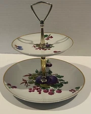 Naaman Israel Two-Tier Tid Bit Dish w/Handle, 9” & 6.5” Plates, Fruit Motif