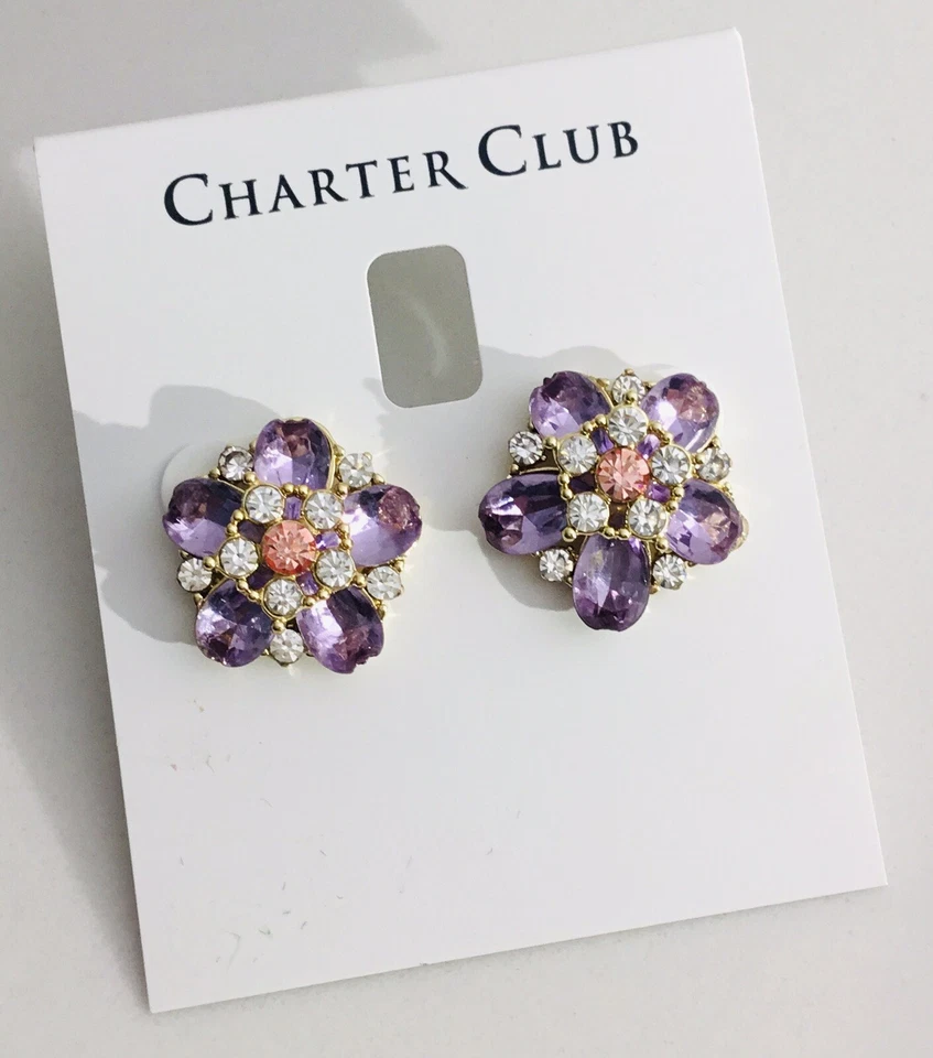 Earrings Purple Tone Stone & Crystal Cluster Pinwheel Cluster Charter Club - Image 4 of 4