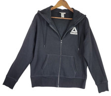 Reebok Hoodie Womens L Black Fleece Lined Kangaroo Pocket Logo Full Zip Sporty