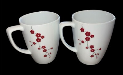 2 Vintage Corelle Hanami Garden Red Floral Porcelain Coffee Mugs Cups Cup Mug