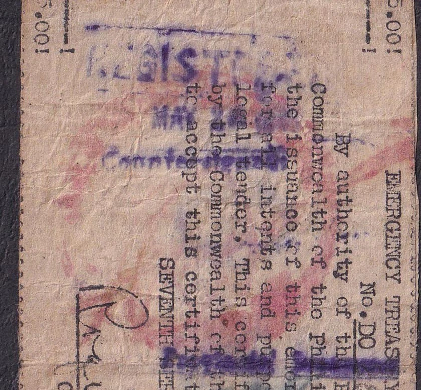 WW2 US Philippines 5 Pesos ILOCOS NORTE Registered Emergency Treasury Certificat - Image 4 of 4