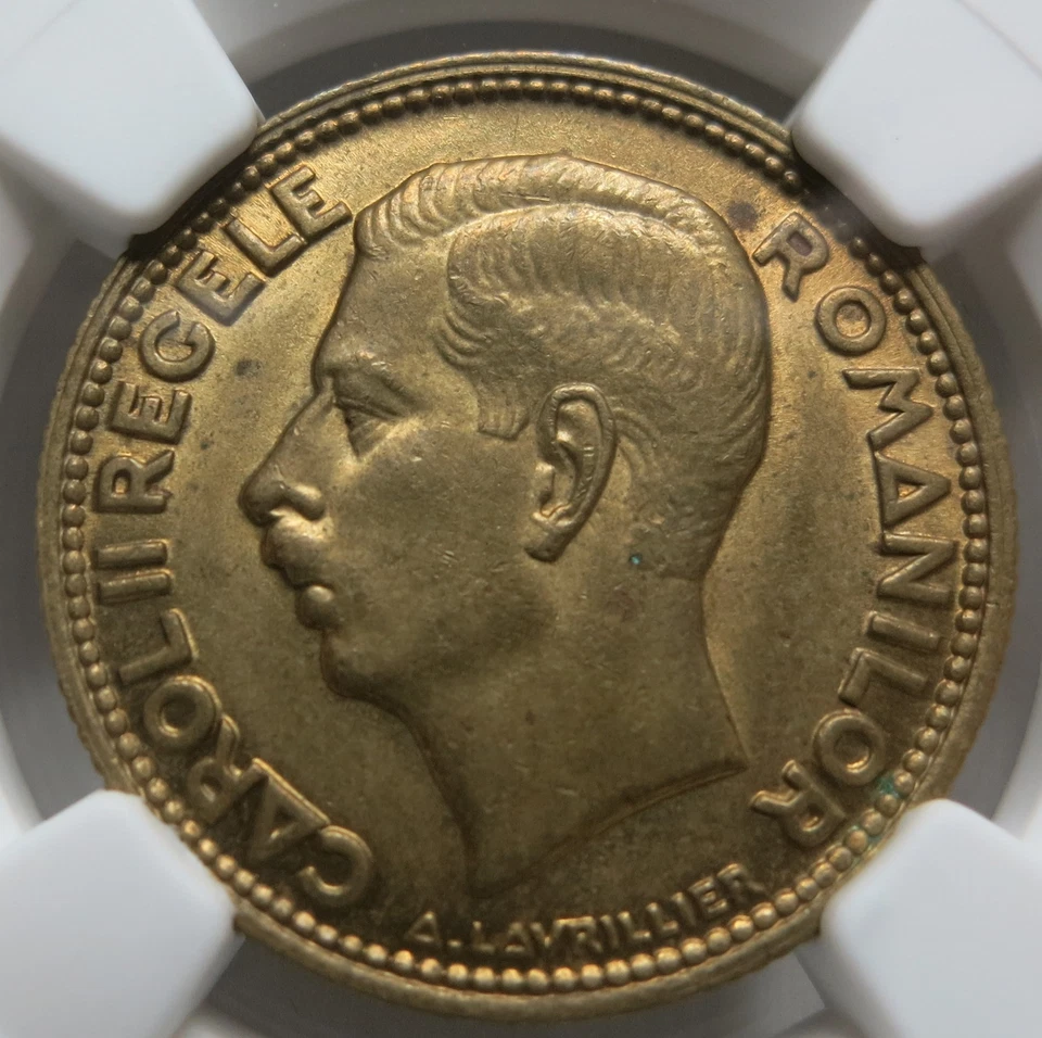 ROMANIA Kingdom 10 lei 1930 a Paris NGC MS 63 UNC Brass Nickel Eagle King Carol - Image 2 of 3