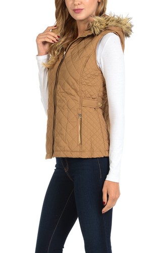 Chaleco acolchado ligero con capucha de piel con cremallera para mujer Auliné Collection - Imagen 25 de 109